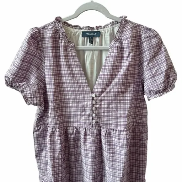 ModCloth Lavender Plaid Mini Dress Size Large V-Neck Short Sleeve Pockets EUC - Picture 5 of 12